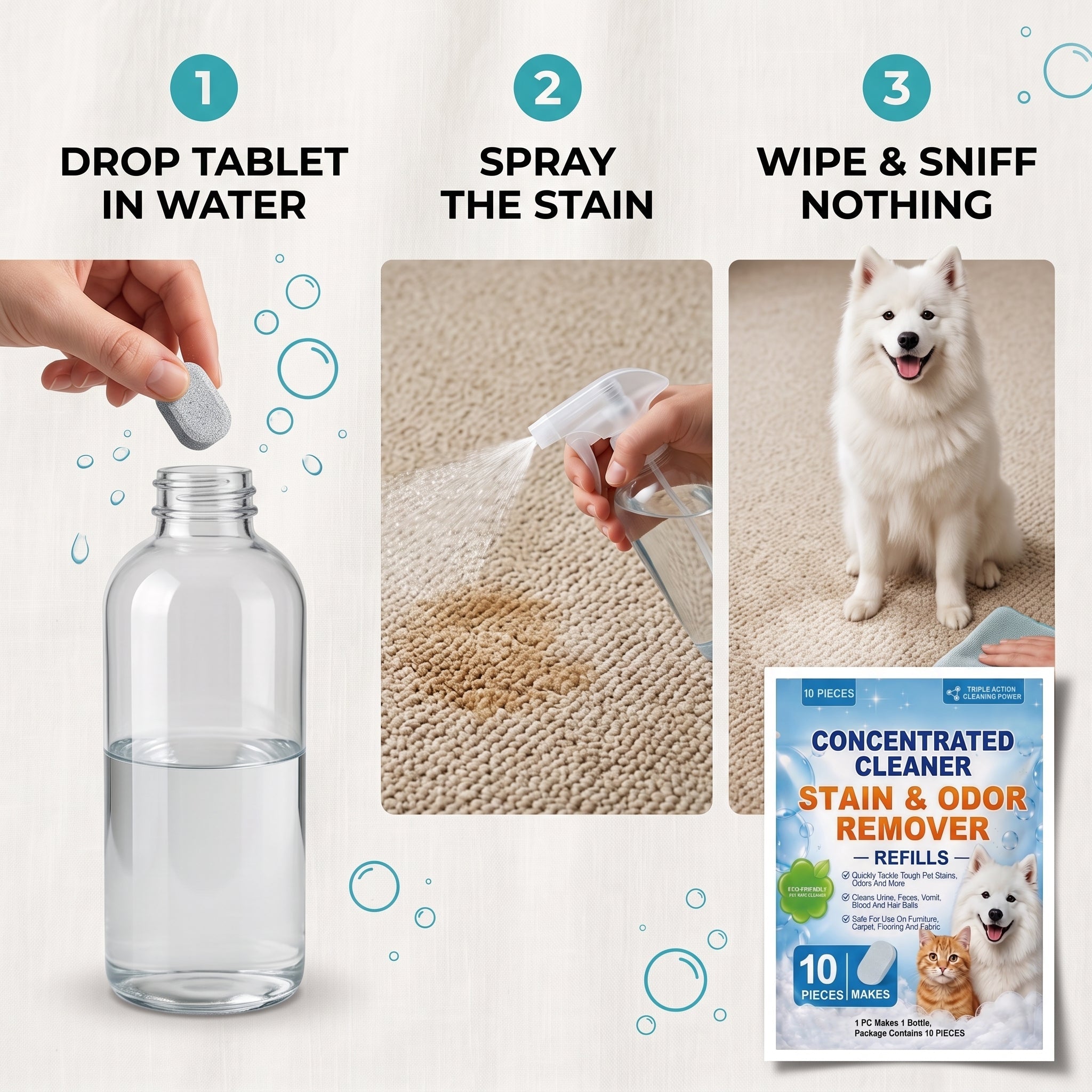 How it works: drop tablet in water, spray the stain, wipe