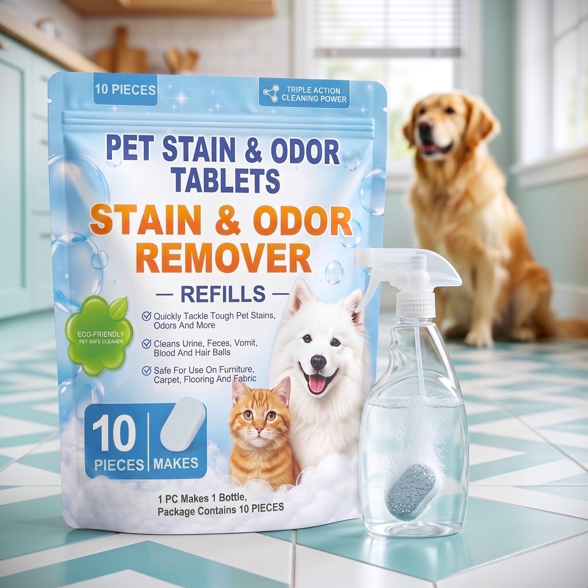 Pet stain & odor tablets with spray bottle in kitchen